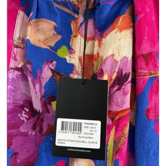 Nicholas Off-The-shoulder Floral-Print Linen-Blend Midi Dress w Puff Sleeves, 8 - Picture 4 of 8